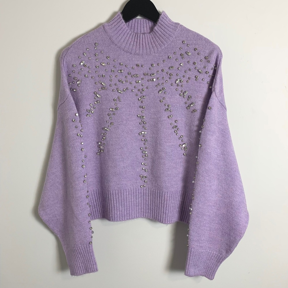 NEW Anthropologie Pilcro Mock Neck Sweater XS Purple Rhinestone Embellished $128